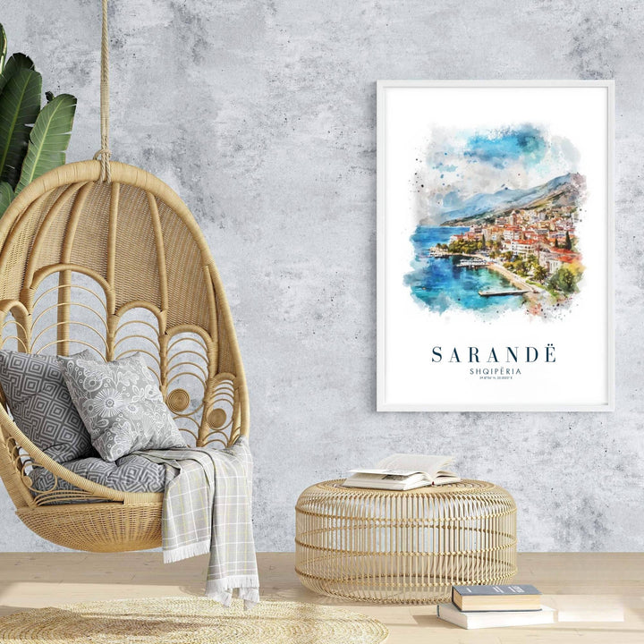 Majestic coastal hills rise behind the tranquil turquoise waters of the Ionian Sea in this retro-inspired European watercolor travel poster. Offered in customizable options such as archival paper, wood framing, and stretched canvas wraps.