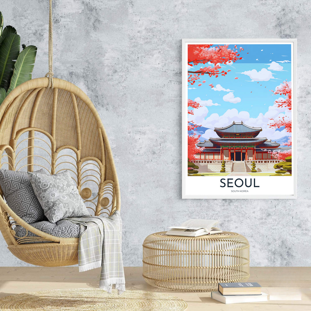 Sophisticated vector travel poster of Gyeongbokgung Palace in Seoul, South Korea, presenting a majestic view of the palace terrace framed by lush spring flora. Offered by MapYourDreams, this artwork is available in flexible options including unframed paper, custom wooden frames, and gallery canvas wraps.