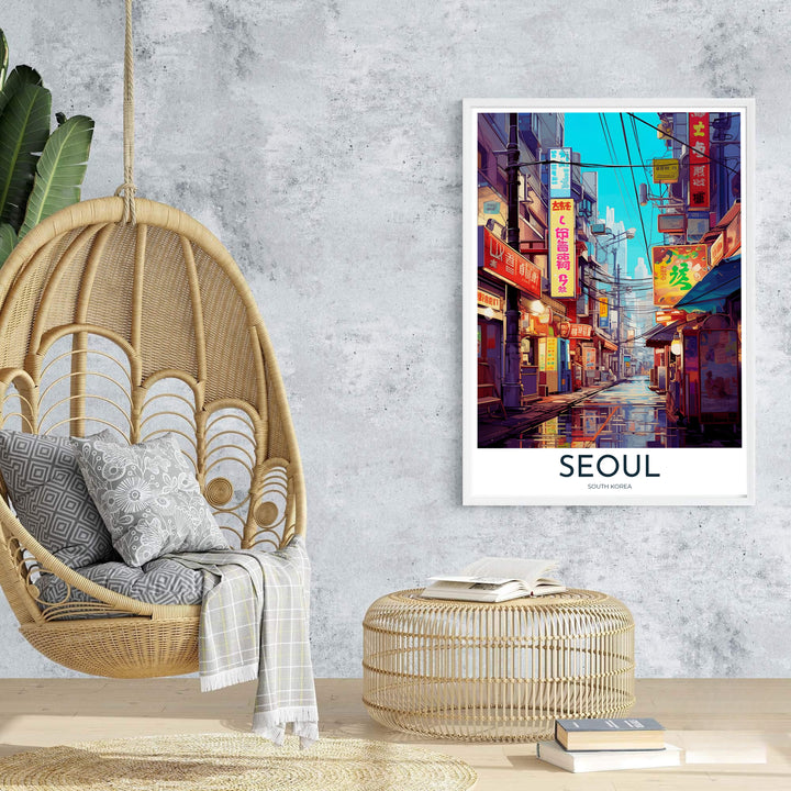 Sophisticated anime scenery travel poster of a city street in Seoul, South Korea, presenting an alluring view down a rain-slicked alley framed by glowing neon signs and street kiosks. Offered by MapYourDreams, this artwork is available in flexible options including unframed paper, custom wooden frames, and gallery canvas wraps.