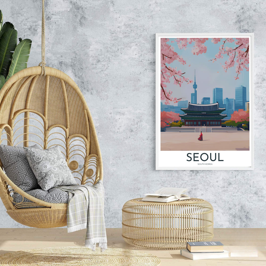 Sophisticated vector travel poster of Gyeongbokgung Palace in Seoul, South Korea, presenting a spacious courtyard perspective with spring cherry blossoms framing modern high-rises. Offered by MapYourDreams, this artwork is available in flexible options including unframed paper, custom wooden frames, and gallery canvas wraps.