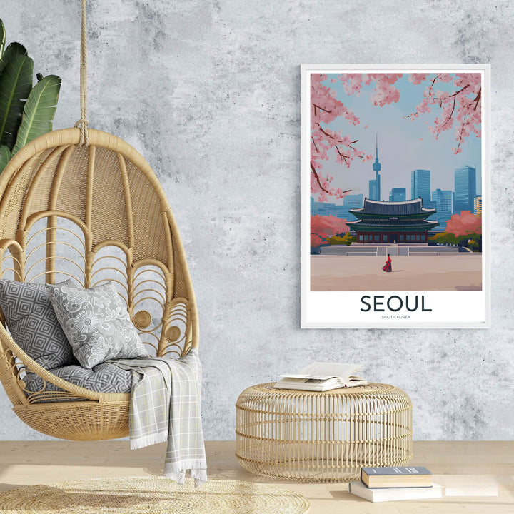 Sophisticated vector travel poster of Gyeongbokgung Palace in Seoul, South Korea, presenting a spacious courtyard perspective with spring cherry blossoms framing modern high-rises. Offered by MapYourDreams, this artwork is available in flexible options including unframed paper, custom wooden frames, and gallery canvas wraps.
