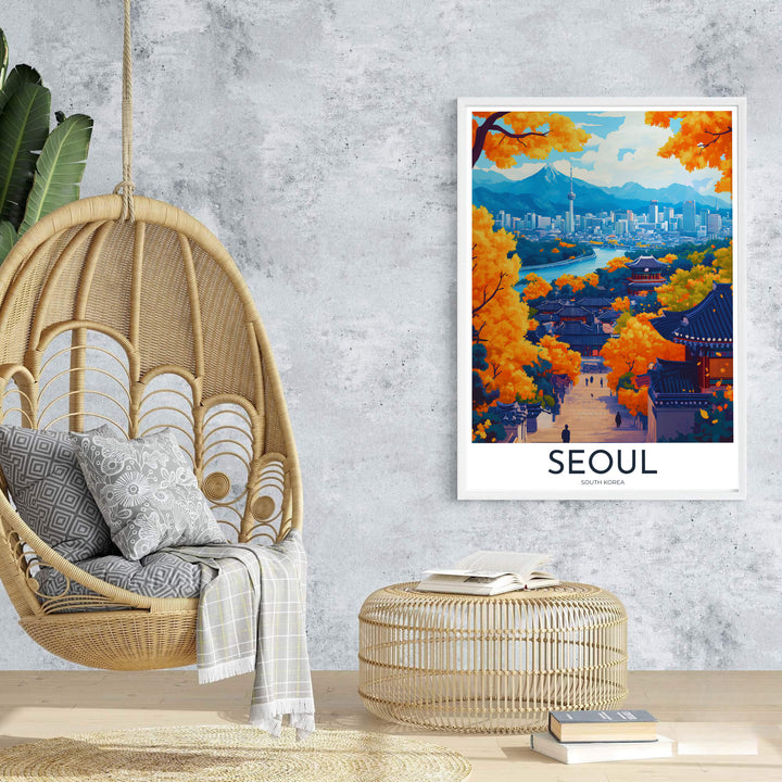 Sophisticated vector travel poster of Seoul, South Korea, presenting a vantage point over Bukchon Hanok Village during autumn, with golden leaves framing the distant N Seoul Tower. Offered by MapYourDreams, this artwork is available in flexible options including unframed paper, custom wooden frames, and gallery canvas wraps.
