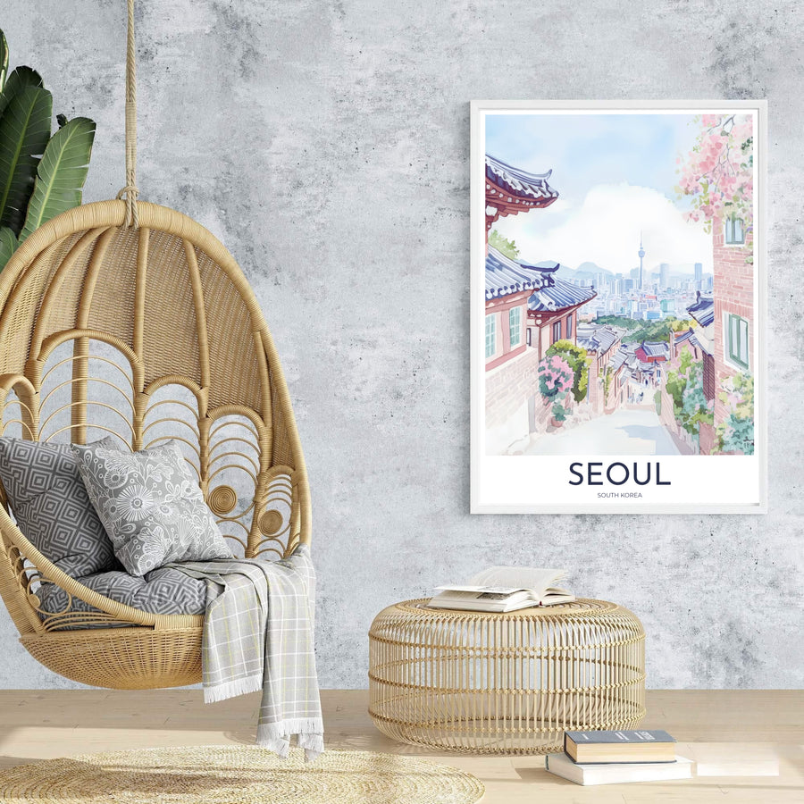 Sophisticated watercolor travel poster of Seoul, South Korea, presenting a peaceful vantage point over Bukchon Hanok Village, with delicate spring blossoms framing the distant N Seoul Tower. Offered by MapYourDreams, this artwork is available in flexible options including unframed paper, custom wooden frames, and gallery canvas wraps.