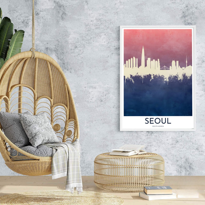 Elegant South Korean skyline decor poster illustrating the Lotte World Tower, N Seoul Tower, and surrounding city horizon under a twilight sunset sky. Offered by MapYourDreams, this artwork is available in flexible options including unframed paper, custom wooden frames, and gallery canvas wraps.