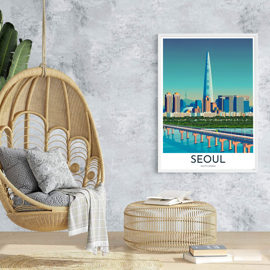 Modern city reflection art print depicting the Han River and Lotte Tower in Seoul, produced by MapYourDreams with flexible options including unframed art prints, dark wood frames, and canvas.