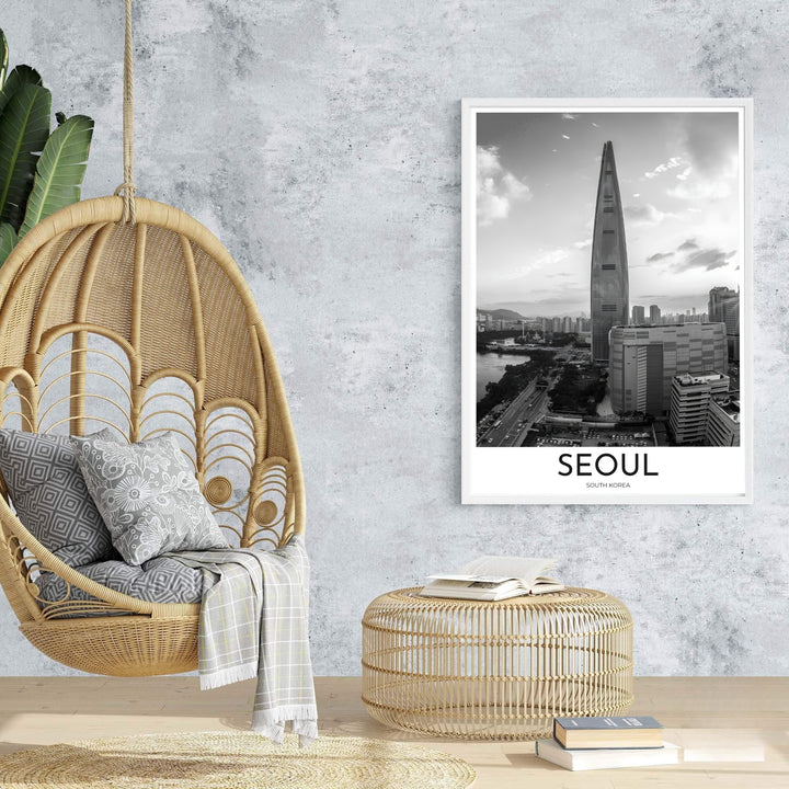 High-angle monochrome photo print illustrating Seoul&