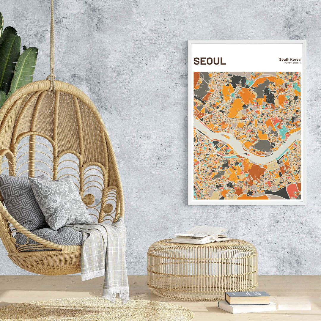 High-contrast warm map print illustrating Seoul, South Korea&