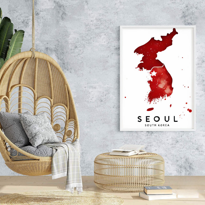 High-contrast red and white map print illustrating the Korean peninsula in rich watercolor washes, produced by MapYourDreams in customizable display options like unframed paper, custom wooden frames, and gallery canvas wraps perfect for travel lovers.