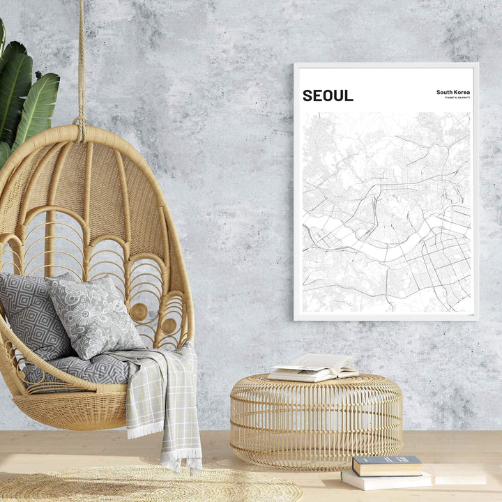 High-definition monochrome street map print capturing the urban geometry of seoul south korea, produced by MapYourDreams in customizable display options like unframed paper, custom wooden frames, and gallery canvas wraps perfect for travel lovers and geography enthusiasts.