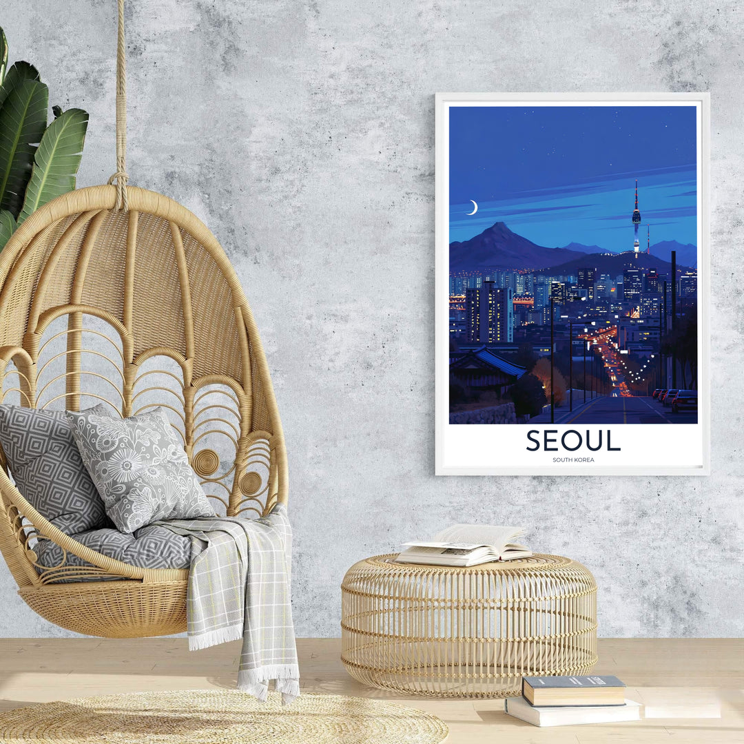 High-contrast night skyline print illustrating Seoul South Korea&