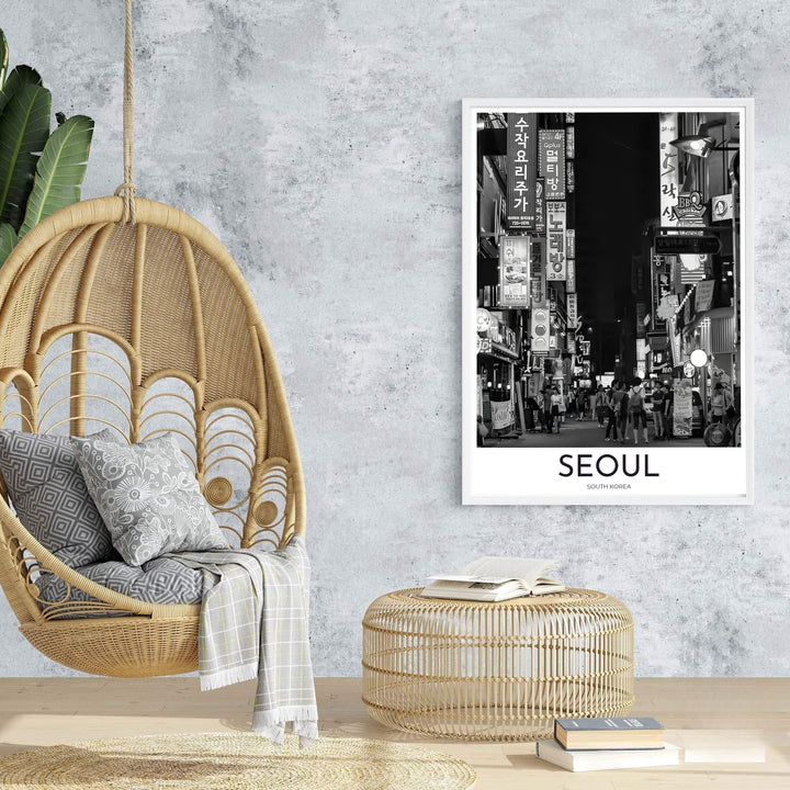 High-contrast black and white photo print illustrating Seoul South Korea&