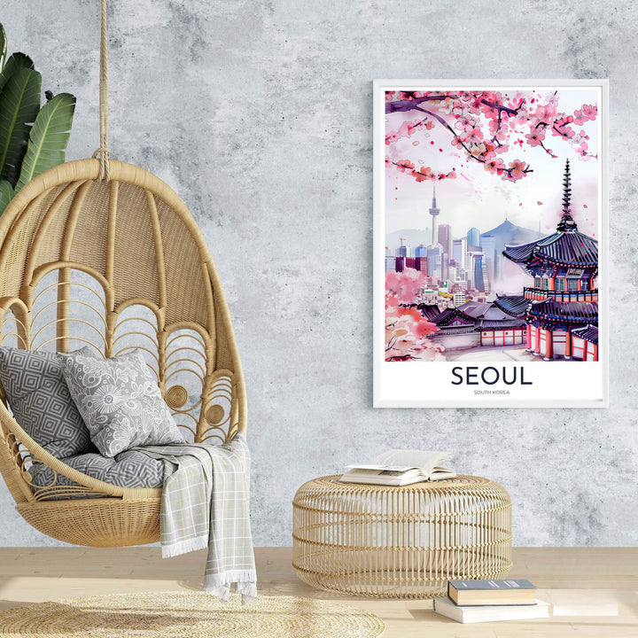 High-definition watercolor art print illustrating Seoul South Korea&
