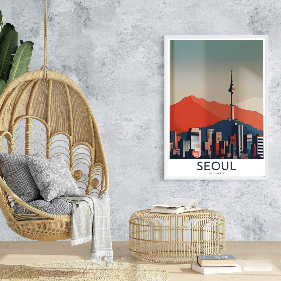 High-contrast vector art print illustrating Seoul South Korea&