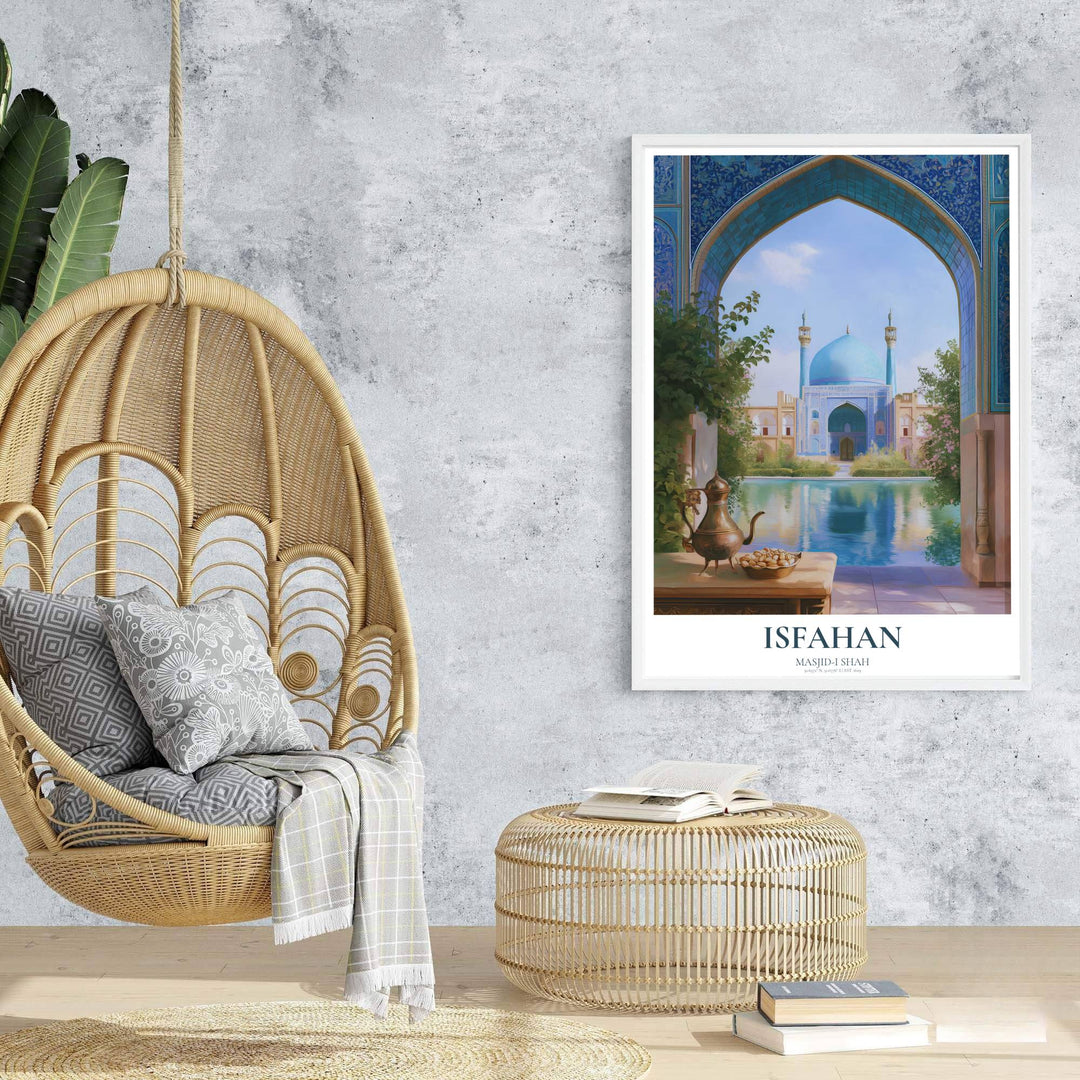 Travel poster of Isfahan featuring the Shah Mosque under soft afternoon light with detailed Persian mosaic tilework and courtyard pool. Prepared by MapYourDreams, this artwork is available in flexible options including unframed paper, custom wooden frames, and gallery canvas wraps for chic home decor.
