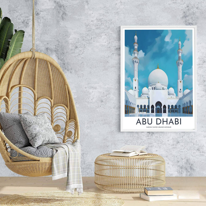 Travel poster of Abu Dhabi featuring Sheikh Zayed Grand Mosque under bright clear daylight with detailed marble arcades and water reflections. Prepared by MapYourDreams, this artwork is available in flexible options including unframed paper, custom wooden frames, and gallery canvas wraps for chic home decor.