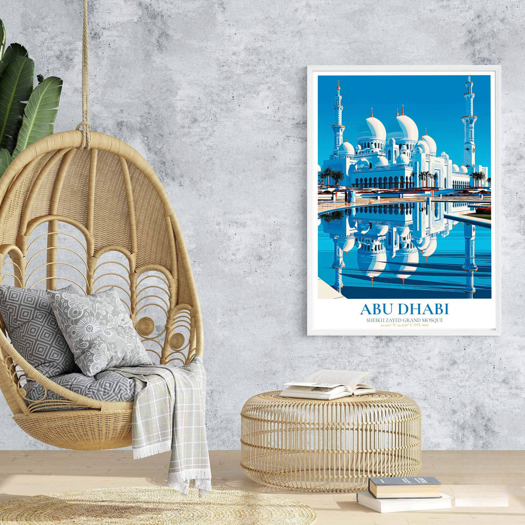Travel poster of Abu Dhabi featuring Sheikh Zayed Grand Mosque under bright clear daylight with a detailed water reflection pool. Prepared by MapYourDreams, this artwork is available in flexible options including unframed paper, custom wooden frames, and gallery canvas wraps for chic home decor.