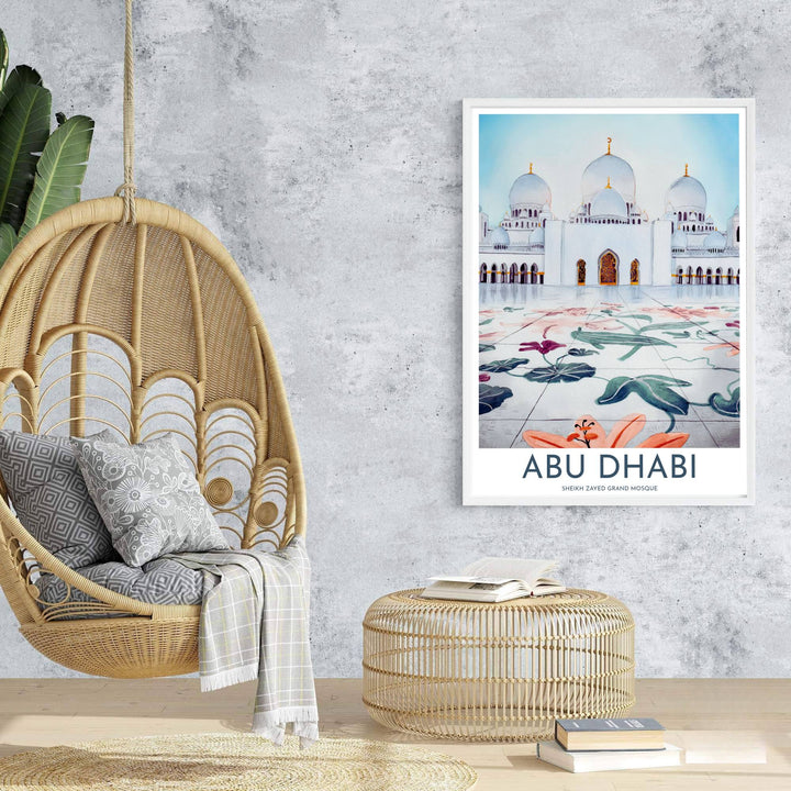Travel poster of Abu Dhabi featuring Sheikh Zayed Grand Mosque under gentle light with detailed floral marble floor art and white domes. Prepared by MapYourDreams, this artwork is available in flexible options including unframed paper, custom wooden frames, and gallery canvas wraps for chic home decor.