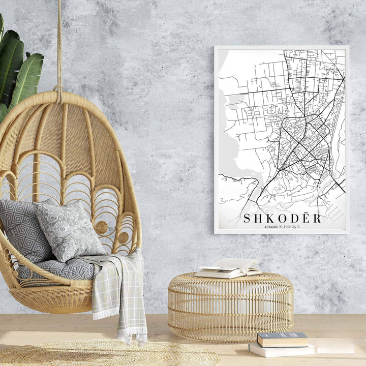 Winding roads around Shkodër create a fascinating visual texture in this minimalist black-and-white Albania map print. Offered in customizable options such as archival paper, wood framing, and stretched canvas wraps.