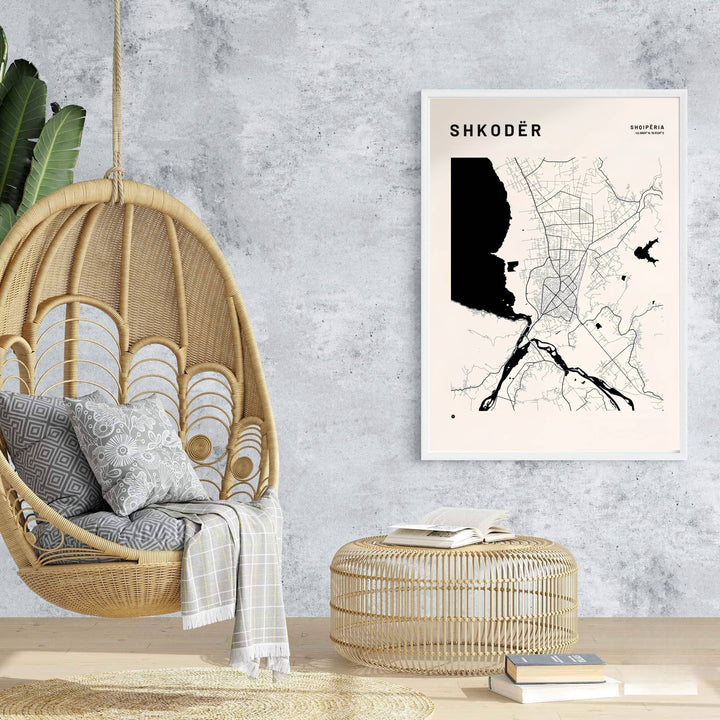 Winding roads and striking lake silhouettes around Shkodër create a fascinating visual texture in this minimalist off-white Albania map print. Offered in customizable options such as archival paper, wood framing, and stretched canvas wraps.