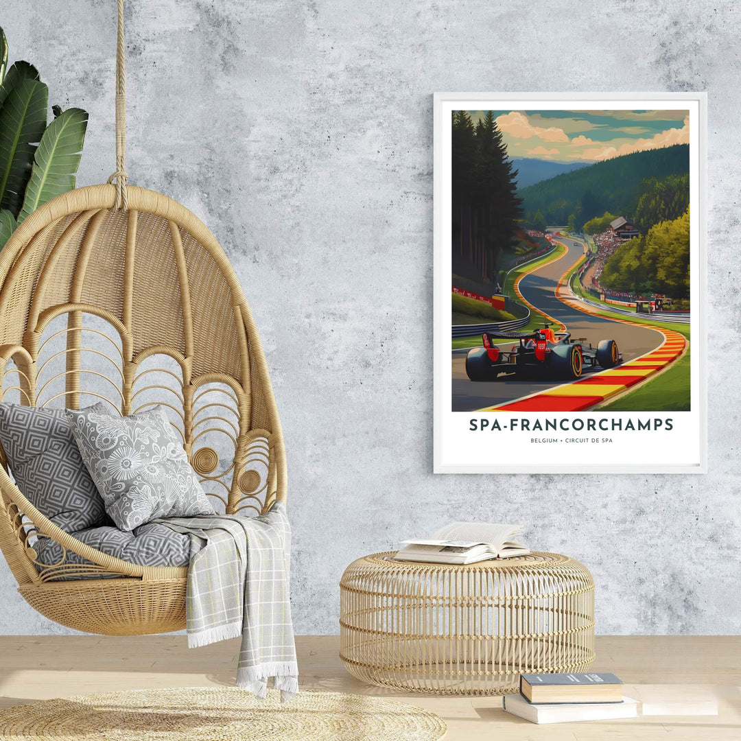 Dynamic motorsport canvas piece portraying Eau Rouge at Spa-Francorchamps, perfect for gaming rooms or modern office spaces in Belgium lovers&