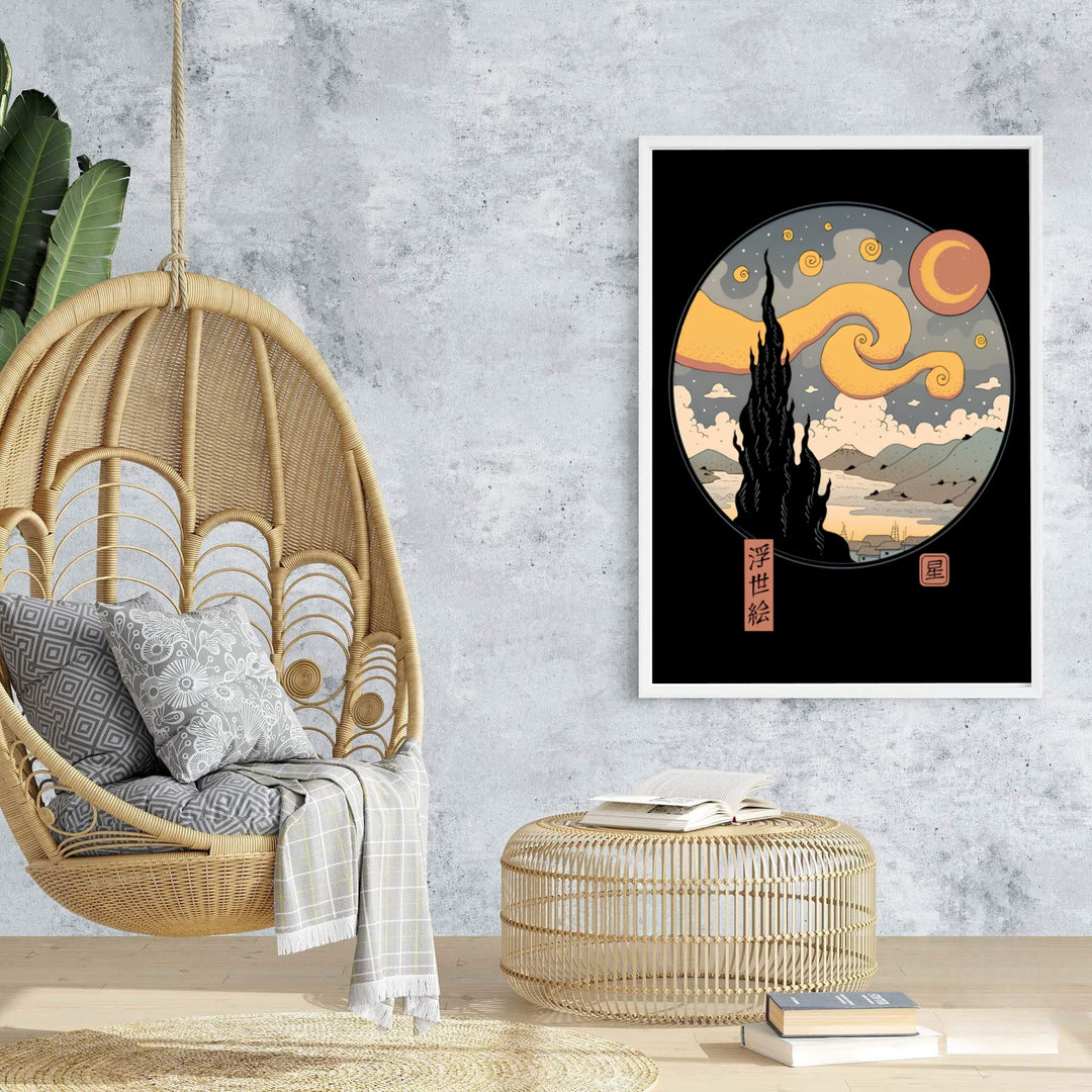 Elegant ukiyo-e portrait print of Vincent van Gogh Starry Night Ukiyo E 1889 showing cosmic night sky over Saint-Rémy-de-Provence and Mount Fuji. MapYourDreams features custom framed prints, unframed paper wall decor, and gallery canvas choices for sophisticated 1889 art history decor spaces.