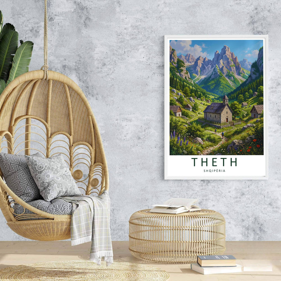 Majestic limestone crags rise behind the tranquil stone church of Theth in this retro-inspired European alpine travel poster. Offered in customizable options such as archival paper, wood framing, and stretched canvas wraps.