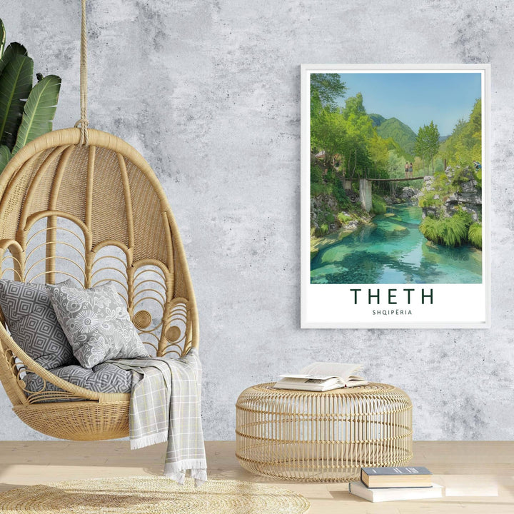 Majestic mountain ridges rise behind the tranquil emerald waters of the Theth river in this retro-inspired European watercolor travel poster. Offered in customizable options such as archival paper, wood framing, and stretched canvas wraps.
