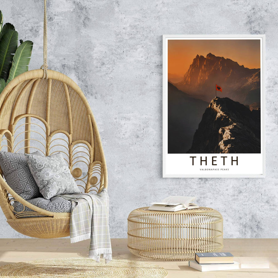 Majestic mountain ridges rise behind the fluttering summit flag in this retro-inspired European photographic alpine travel poster. Offered in customizable options such as archival paper, wood framing, and stretched canvas wraps.