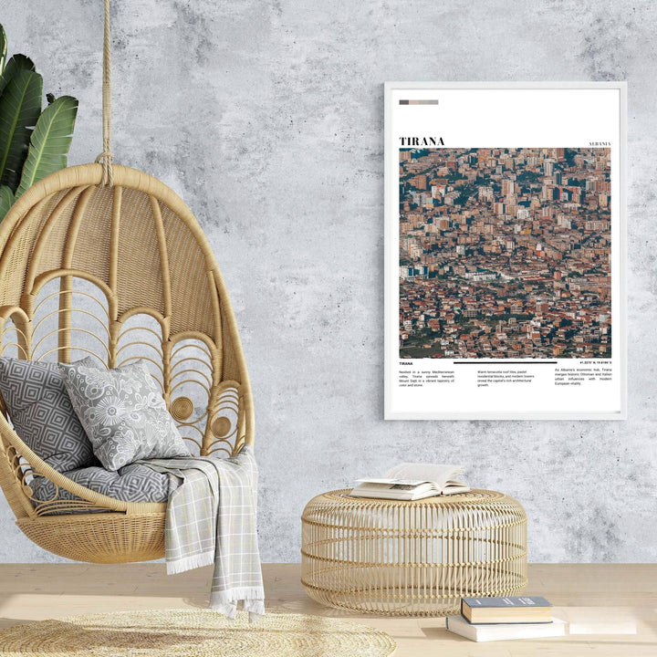 Majestic urban neighborhoods and modern towers rise across the capital valley in this retro-inspired European photographic travel poster. Offered in customizable options such as archival paper, wood framing, and stretched canvas wraps.