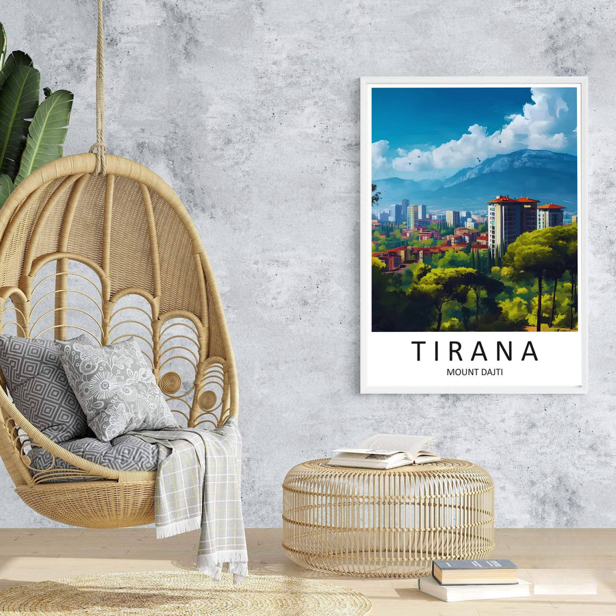 Majestic mountain ridges rise behind the sunlit towers of Tirana in this retro-inspired European travel poster. Offered in customizable options such as archival paper, wood framing, and stretched canvas wraps.