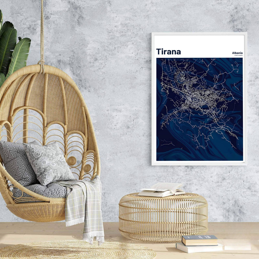 Winding boulevards around Tirana create a fascinating visual texture over abstract fluid waves in this minimalist navy-and-white Albania map print. Offered in customizable options such as archival paper, wood framing, and stretched canvas wraps.