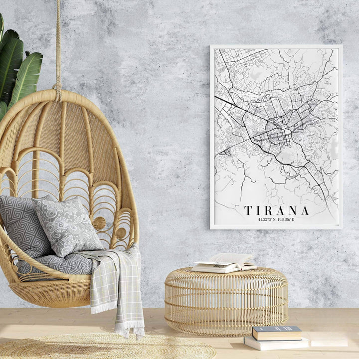 Winding boulevards around Tirana create a fascinating visual texture in this minimalist black-and-white Albania map print. Offered in customizable options such as archival paper, wood framing, and stretched canvas wraps.