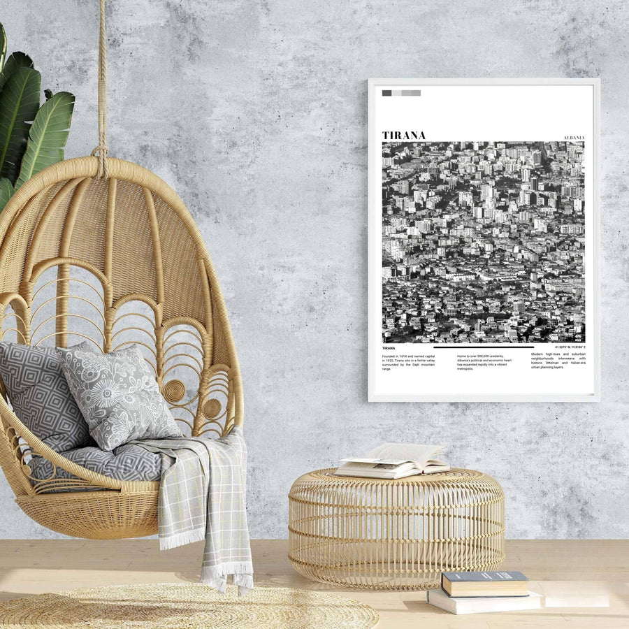 Majestic urban neighborhoods and modern towers rise across the capital valley in a retro-inspired European Black &amp; White photographic travel poster. Offered in customizable options such as archival paper, wood framing, and stretched canvas wraps.