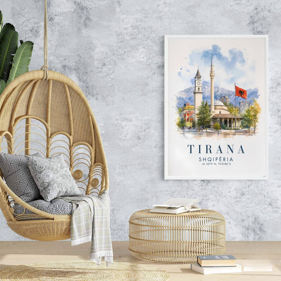 Eye-catching watercolor landmark artwork celebrating Tirana Albania, printed on premium archival stock with long-lasting ink retention over time. Available from MapYourDreams as an unframed paper poster, custom-framed print, or gallery-wrapped canvas.