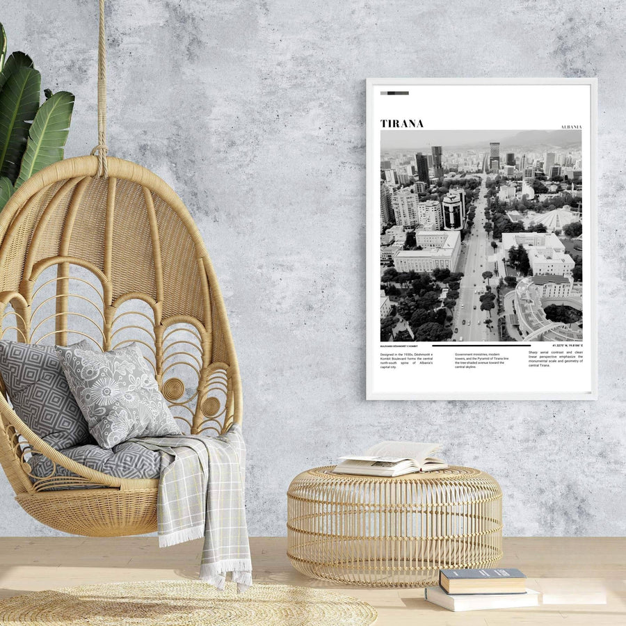 Majestic government ministries and modern towers rise across the capital axis in a retro-inspired European Black &amp; White photographic travel poster. Offered in customizable options such as archival paper, wood framing, and stretched canvas wraps.