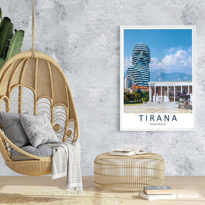 Majestic high-rise towers rise behind the sunlit Opera House colonnade of Tirana in this modern European travel poster. Offered in customizable options such as archival paper, wood framing, and stretched canvas wraps.