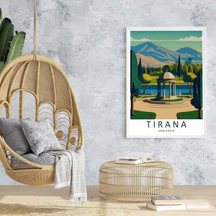 Majestic mountain ridges rise behind the sunlit park canopies of Tirana in this retro-inspired European travel poster. Offered in customizable options such as archival paper, wood framing, and stretched canvas wraps.