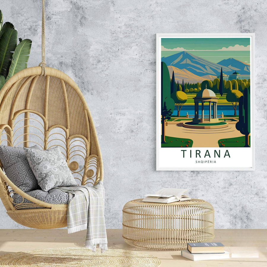 Majestic mountain ridges rise behind the sunlit park canopies of Tirana in this retro-inspired European travel poster. Offered in customizable options such as archival paper, wood framing, and stretched canvas wraps.