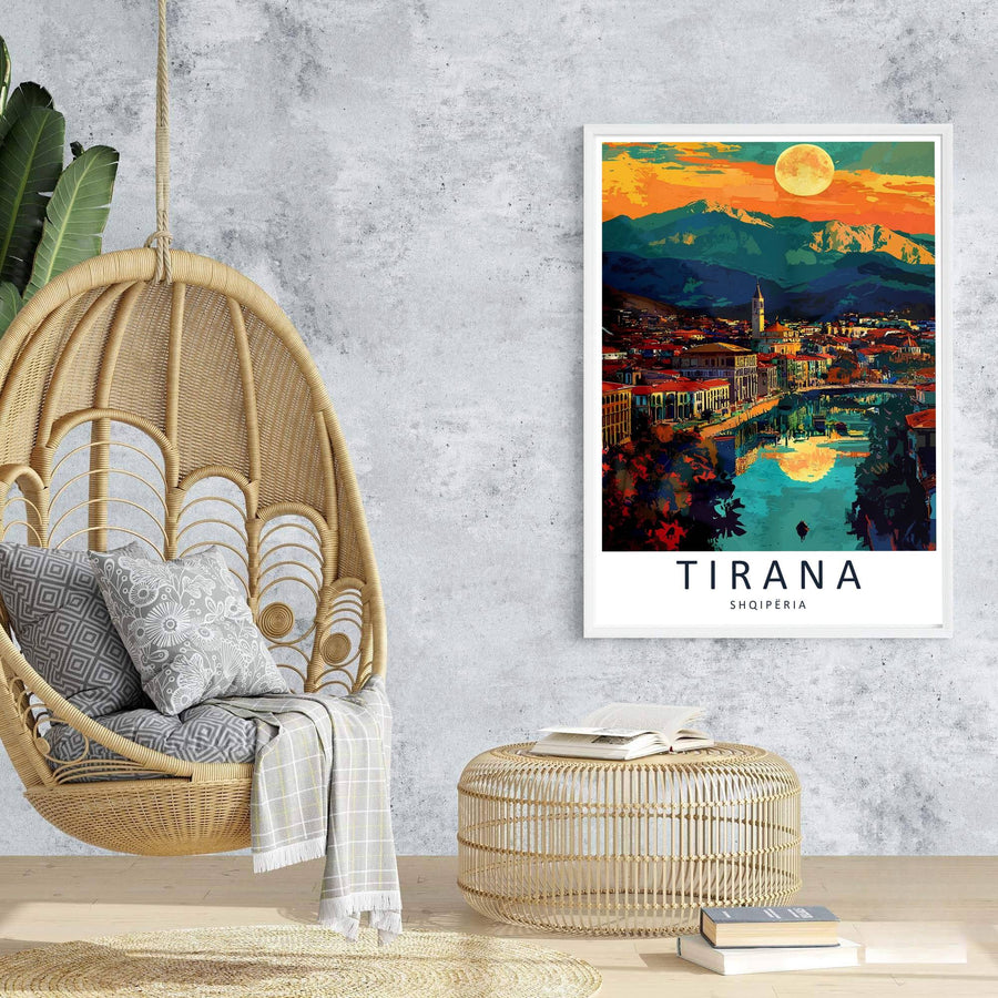Majestic mountain ridges rise behind the sunlit clock tower of Tirana in this expressionistic European sunset travel poster. Offered in customizable options such as archival paper, wood framing, and stretched canvas wraps.