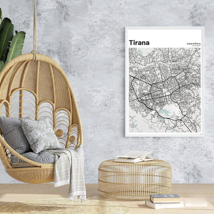 Winding boulevards around Tirana create a fascinating visual texture in this minimalist grey-and-black Albania map print. Offered in customizable options such as archival paper, wood framing, and stretched canvas wraps.