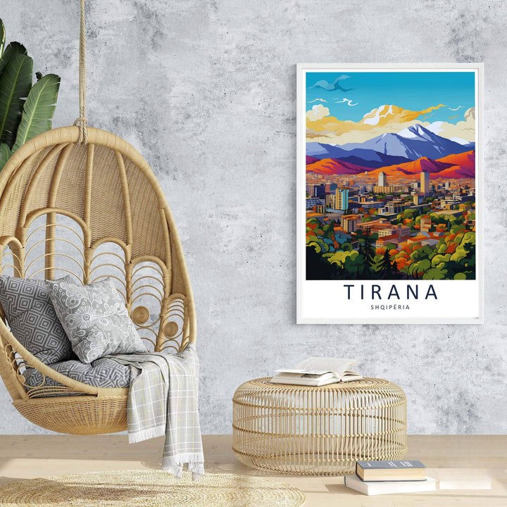Majestic sunset mountain ridges rise behind the sunlit towers of Tirana in this retro-inspired European travel poster. Offered in customizable options such as archival paper, wood framing, and stretched canvas wraps.