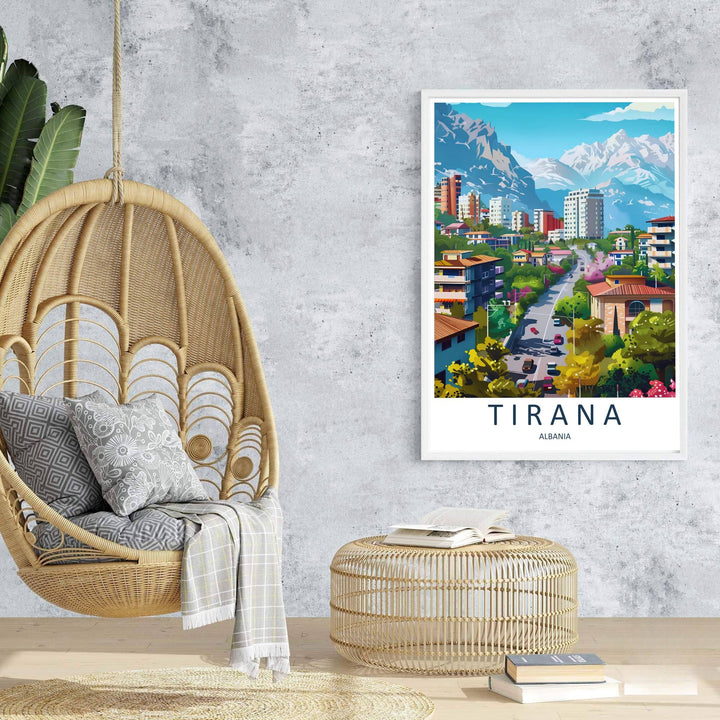 Majestic mountain ridges rise behind the sunlit avenues of Tirana in this retro-inspired European travel poster. Offered in customizable options such as archival paper, wood framing, and stretched canvas wraps.