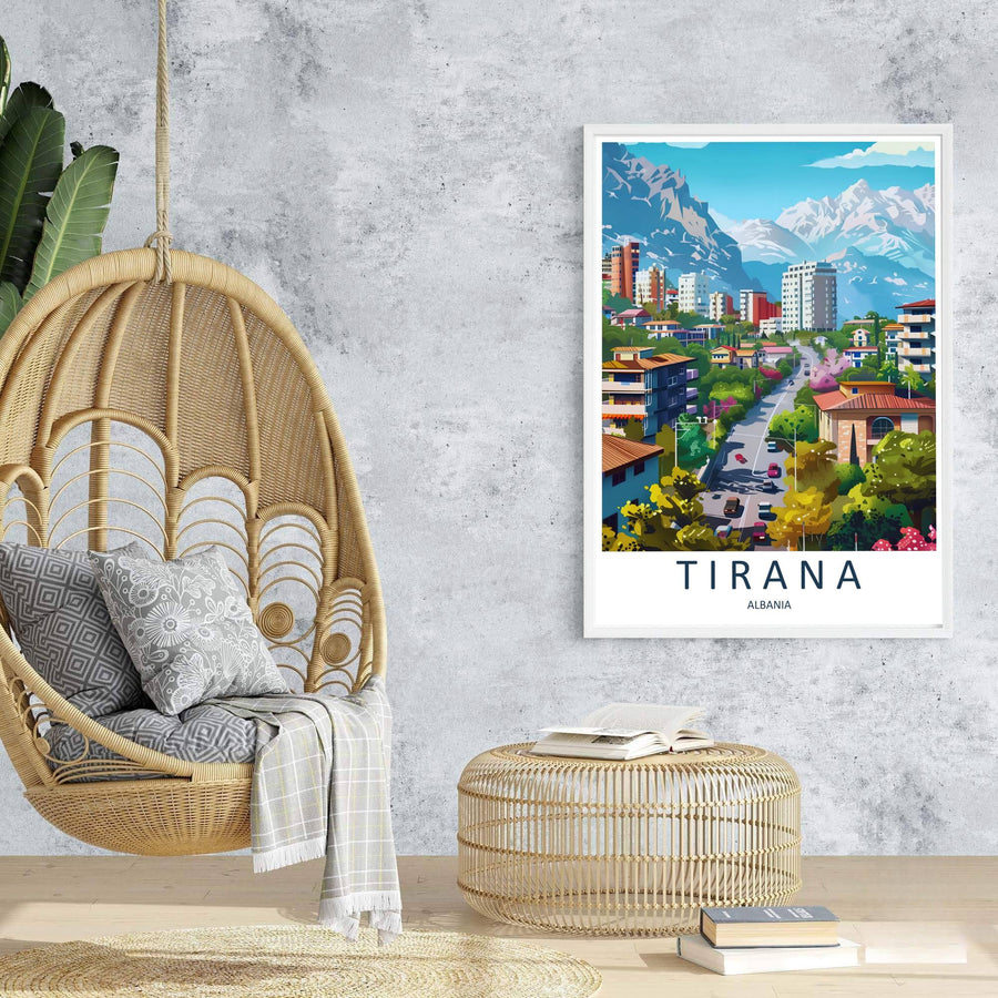 Majestic mountain ridges rise behind the sunlit avenues of Tirana in this retro-inspired European travel poster. Offered in customizable options such as archival paper, wood framing, and stretched canvas wraps.
