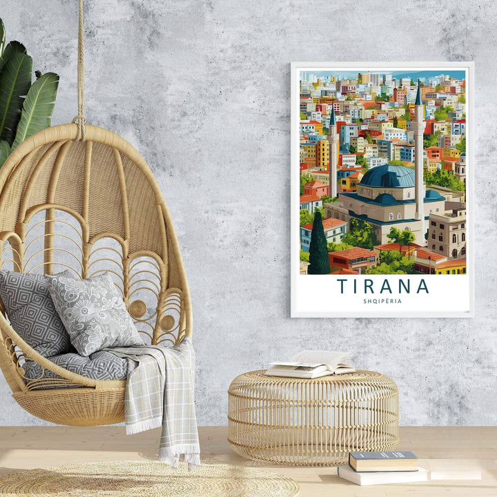 Majestic minarets rise behind the sunlit neighborhoods of Tirana in this contemporary European vector travel poster. Offered in customizable options such as archival paper, wood framing, and stretched canvas wraps.
