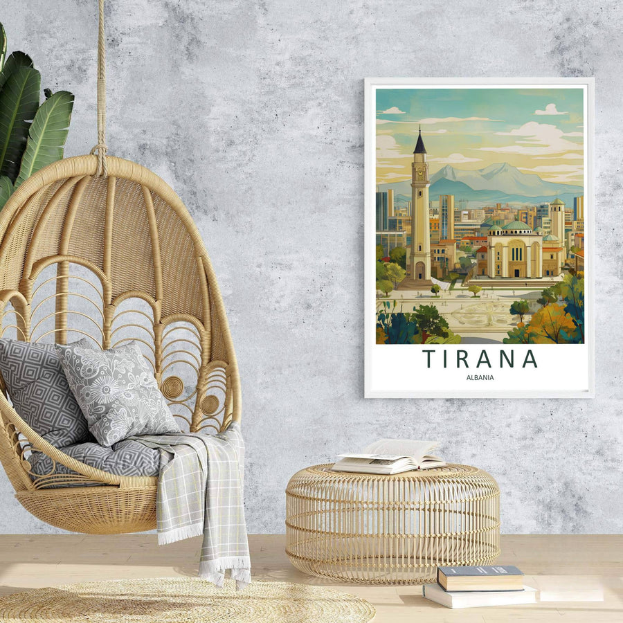 Majestic bell towers rise behind the sunlit plazas of Tirana in this contemporary European retro travel poster. Offered in customizable options such as archival paper, wood framing, and stretched canvas wraps.