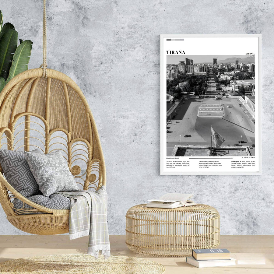 Majestic public monuments and modern towers rise across the capital plaza in a retro-inspired European Black &amp; White photographic travel poster. Offered in customizable options such as archival paper, wood framing, and stretched canvas wraps.