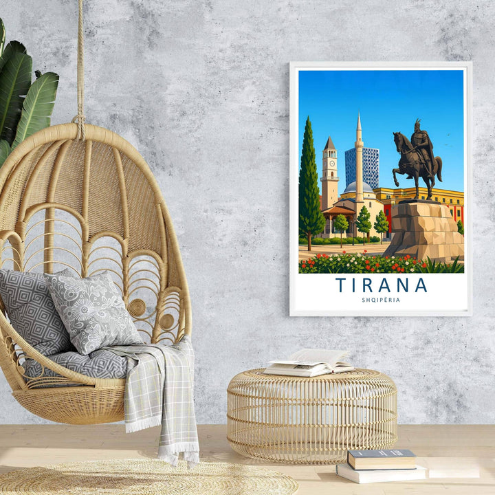 Majestic clock towers and historic statues rise behind the sunlit gardens of Tirana in this contemporary European vector travel poster. Offered in customizable options such as archival paper, wood framing, and stretched canvas wraps.