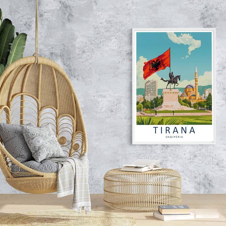 Majestic national flags and historic statues rise behind the sunlit gardens of Tirana in this contemporary European vector travel poster. Offered in customizable options such as archival paper, wood framing, and stretched canvas wraps.