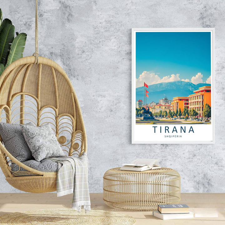 Majestic mountain ridges rise behind the sunlit plazas of Tirana in this contemporary European vector travel poster. Offered in customizable options such as archival paper, wood framing, and stretched canvas wraps.