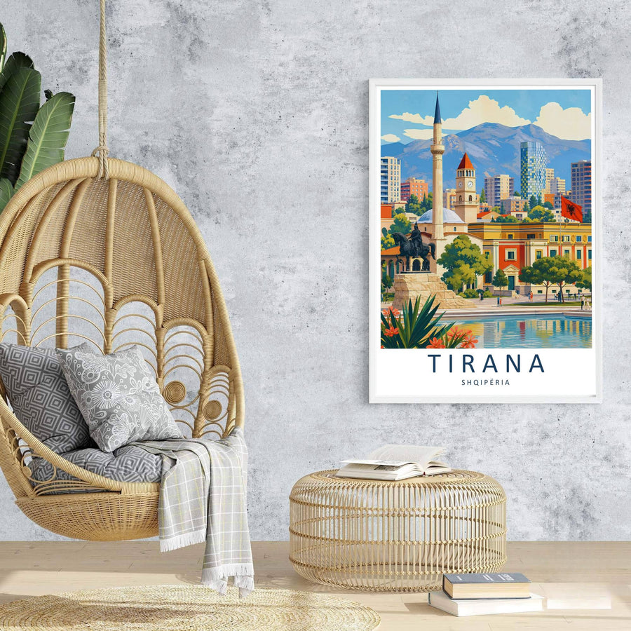 Majestic clock towers and historic statues rise behind the sunlit plazas of Tirana in this contemporary European vintage travel poster. Offered in customizable options such as archival paper, wood framing, and stretched canvas wraps.